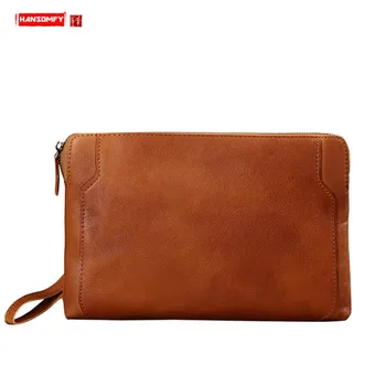 

Men's Bags Leather Clutch Bag Genuine Leather Handbag Men Casual Retro IPAD Clutch Bag Handmade Envelope Bag 2020 New Style Soft