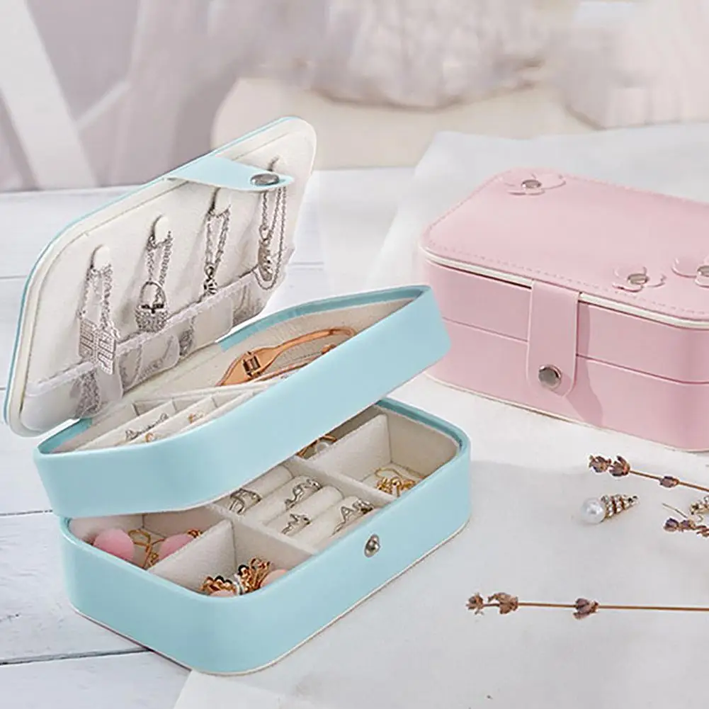 

Korean Women Leather Dual-layer Cosmetic Earrings Plate Jewelry Box Holder Necklace Ring Protable Travel Mirror Storage Pouch