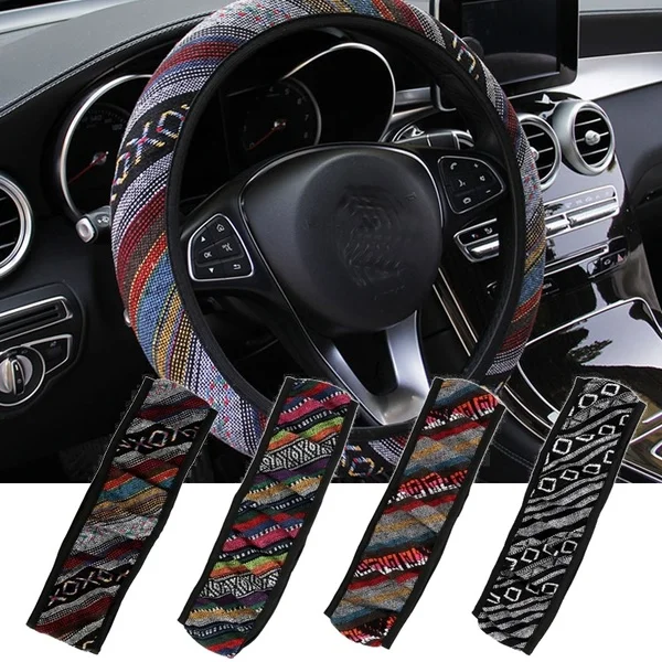 

Car Steering Wheel Cover Ethnic Style Car Accessories Linen Universal Pretty Ethnic Flax Cloth Universal fit Steering Wheel Cov