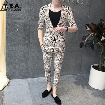 

New Mens 3pcs Suit Set Floral Printed Half Sleeve Blazer Coat Skinny Pants Slim Fit Casual Suit Night Club Male Outfits Matching