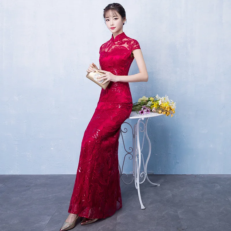 Cheongsam ретро полная длина cheongsam Классический Мандарин платье для выпускного вечера Длинная юбка Китай красный сексуальный Восточный Костюм