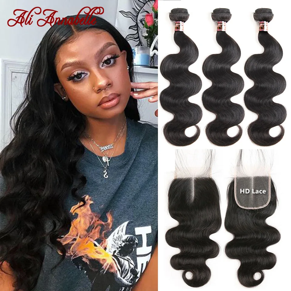 Hot Item Body-Wave-Bundles Closure Ali-Annabelle Brazilian 10-20inch with HD 5BypGy1z5