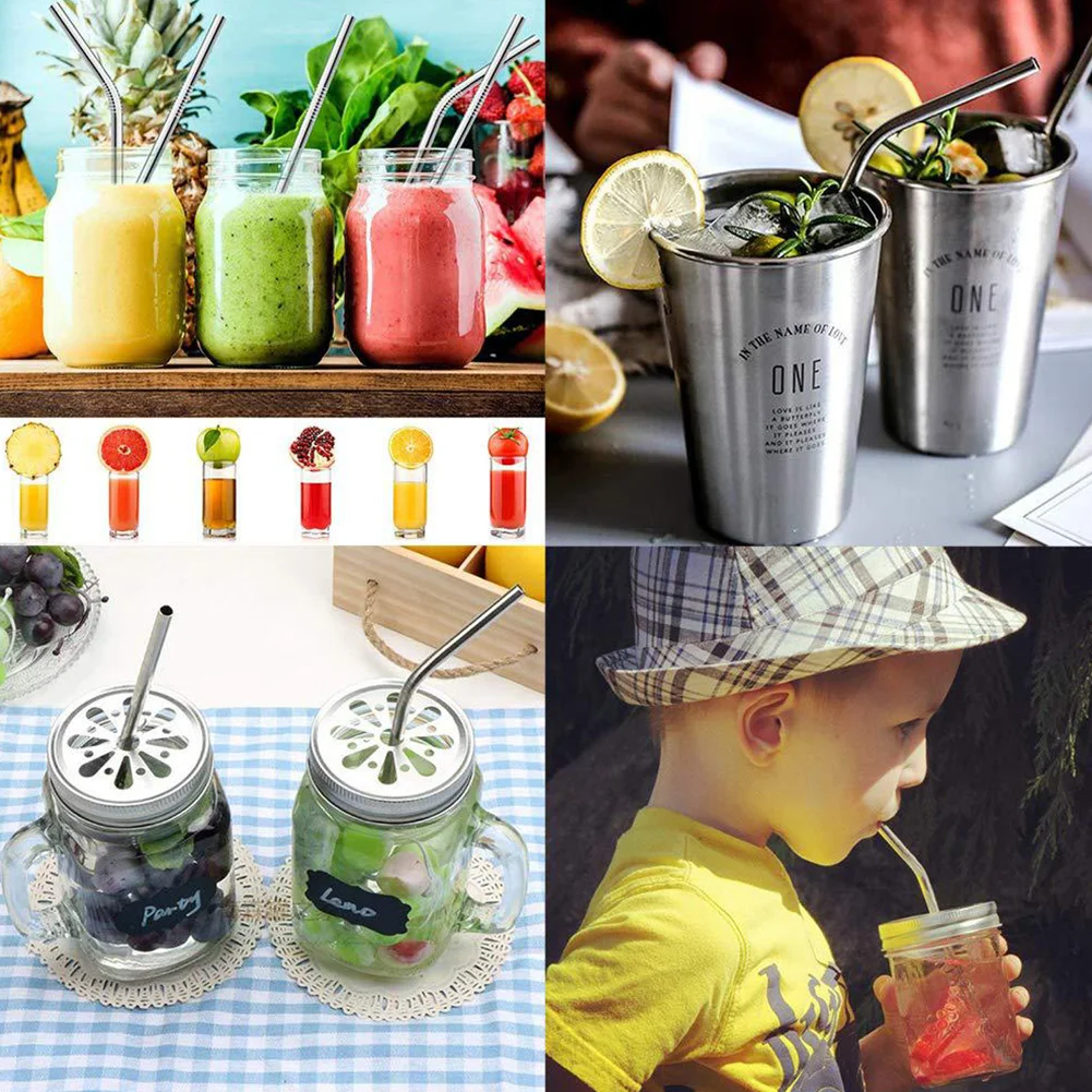 8pcs/set Kitchen Cold Metal Drinking Reusable Sucker Straw Kit Stainless Steel Milk Tea Beverage With Cleaning Brush Fruit Juice