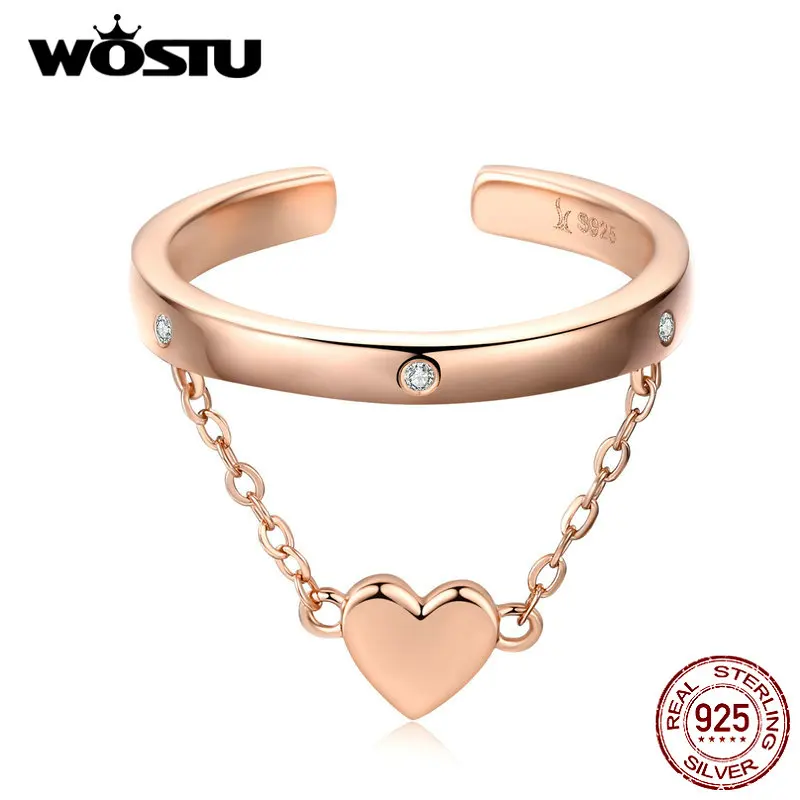 WOSTU, 925 пробы, серебряное кольцо, цепочка в форме сердца, для свадьбы, розовое золото, регулируемый Штабелируемый палец для женщин, для влюбленных, роскошные ювелирные изделия CQR572