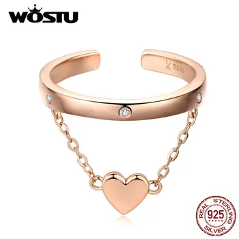 

WOSTU 925 Sterling Silver Ring Heart Chain Wedding Rose Gold Adjustable Stackable Finger For Women Lover Luxury Jewelry CQR572