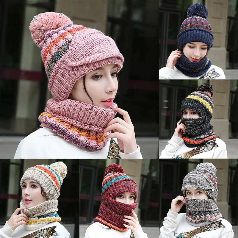 

Winter Hat Scarf Face Mask Set Thick Patchwork Detachable Knitted Outdoor Sport Cap Neck Warmer Headwear