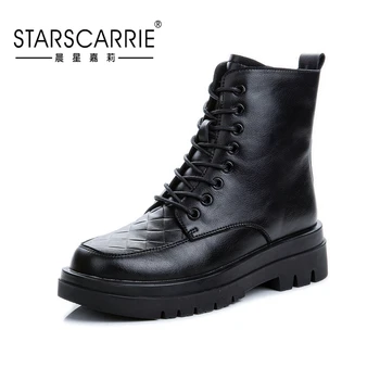 

Autumn and winter 2020 new leather women's shoes British style Retro Mid tube Martin boots women's casual thick heel lace up sho