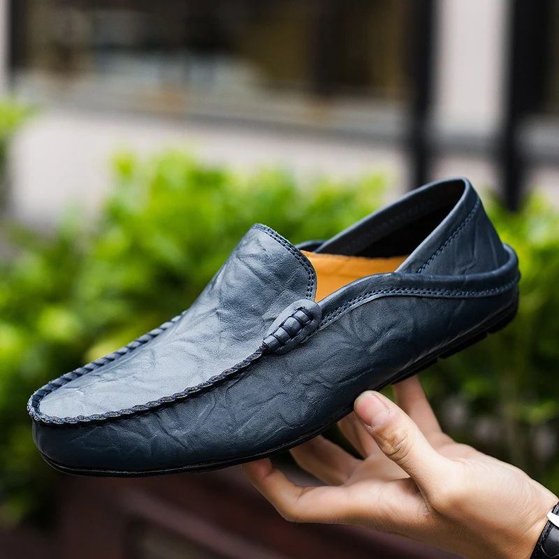 Модная мужская обувь; обувь из натуральной кожи; мужские повседневные удобные лоферы; мужские мокасины; дышащая водонепроницаемая обувь для вождения; слипоны - Цвет: Тёмно-синий