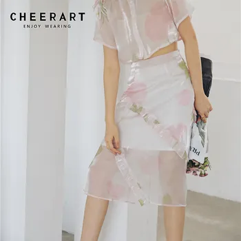 

CHEERART Light Pink Ruffle Transparent Mesh Skirt Women High Waist See Through Long Bodycon Skirt Summer Fashion Skirt 2020