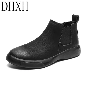 2020 DHXH Chelsea Boots Men #8217 s Leather Leather Decent Men #8217 s Ankle Boots Original Short Casual Shoes British Style Winter Boots tanie i dobre opinie Microfiber Solid Adult NONE Round Toe Rubber Low (1cm-3cm) 680910 Slip-On Fits true to size take your normal size Faux Fur