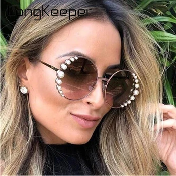 

LongKeeper Round Sunglasses Women Brand Designer Luxury Pearl Sun Glasses Fashion Alloy Frame Eyewear Female Shades UV400 Gafas