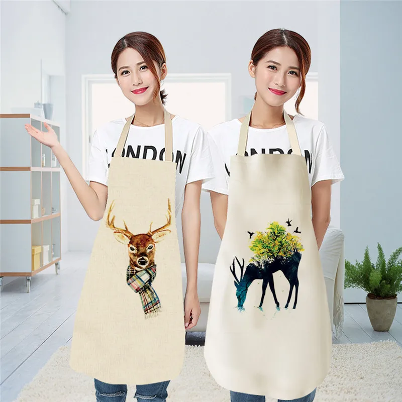 Wild Animals Printed Kitchen Aprons for Women Kids Sleeveless Cotton Linen Bibs Cooking Baking Cleaning Tools