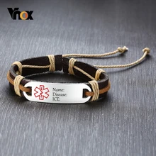 Vnox, винтажная кожаная цепочка, с персонализированной гравировкой, медицинские браслеты для мужчин, мужские ювелирные изделия на заказ