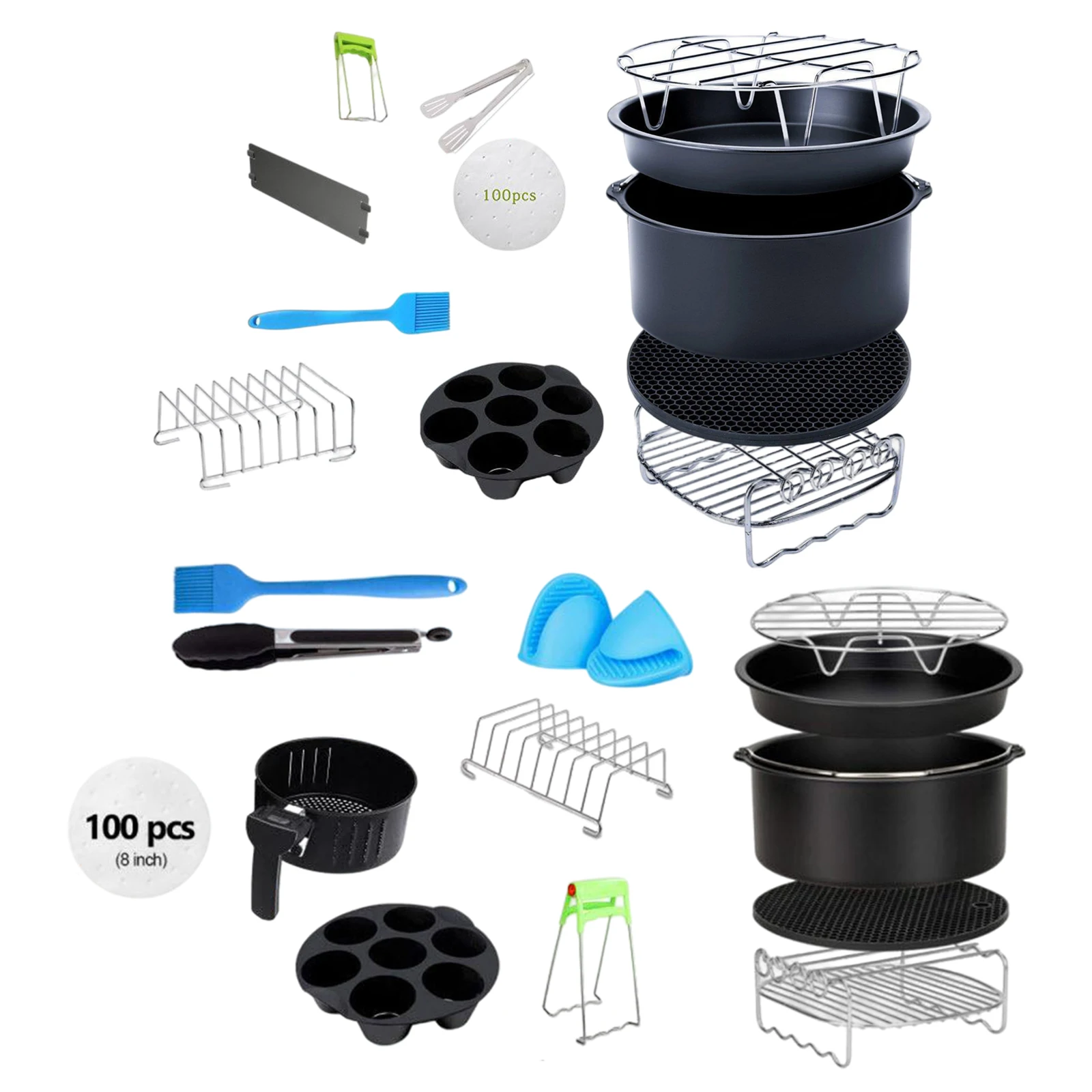 12pcs 8 Inch Air Fryer Accessories Fit for 4.2QT-6.8QT Deep Fryer BPA Free Baking Pan Silicone Mat Oil Brush