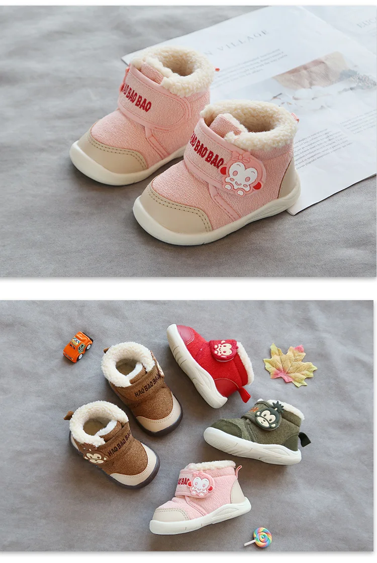 Зимние ботинки для малышей; теплые плюшевые зимние ботинки для маленьких девочек и мальчиков; Уличная обувь на мягкой нескользящей подошве; детские ботинки