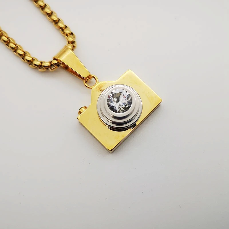 Stainless Steel Creative Men Camera Pendant Necklace Cubic Zirconia Stones Camera Popcorn Chain Necklace Fashion Jewelry Women