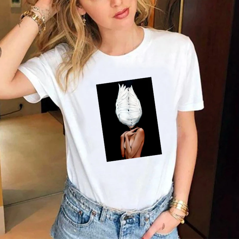 

New Harajuku Aesthetics Tshirt Sexy Flowers Feather Print Short Sleeve Tops Tees Summer Fashion Casual Streetwear Women T-Shirt