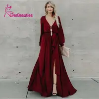 Элегантное вечернее платье из шифона Vestido вечернее с разрезом по бокам, с длинными рукавами, 2019 v-образный вырез, изящное торжественное