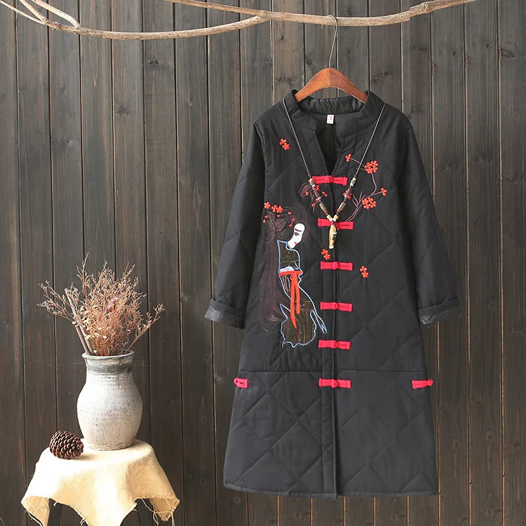 

[Cotton Linen Retro] 2017 Autumn New Style Trend Versatile Beauty Embroidered Cotton Linen Medium-length Cotton-padded Clothes