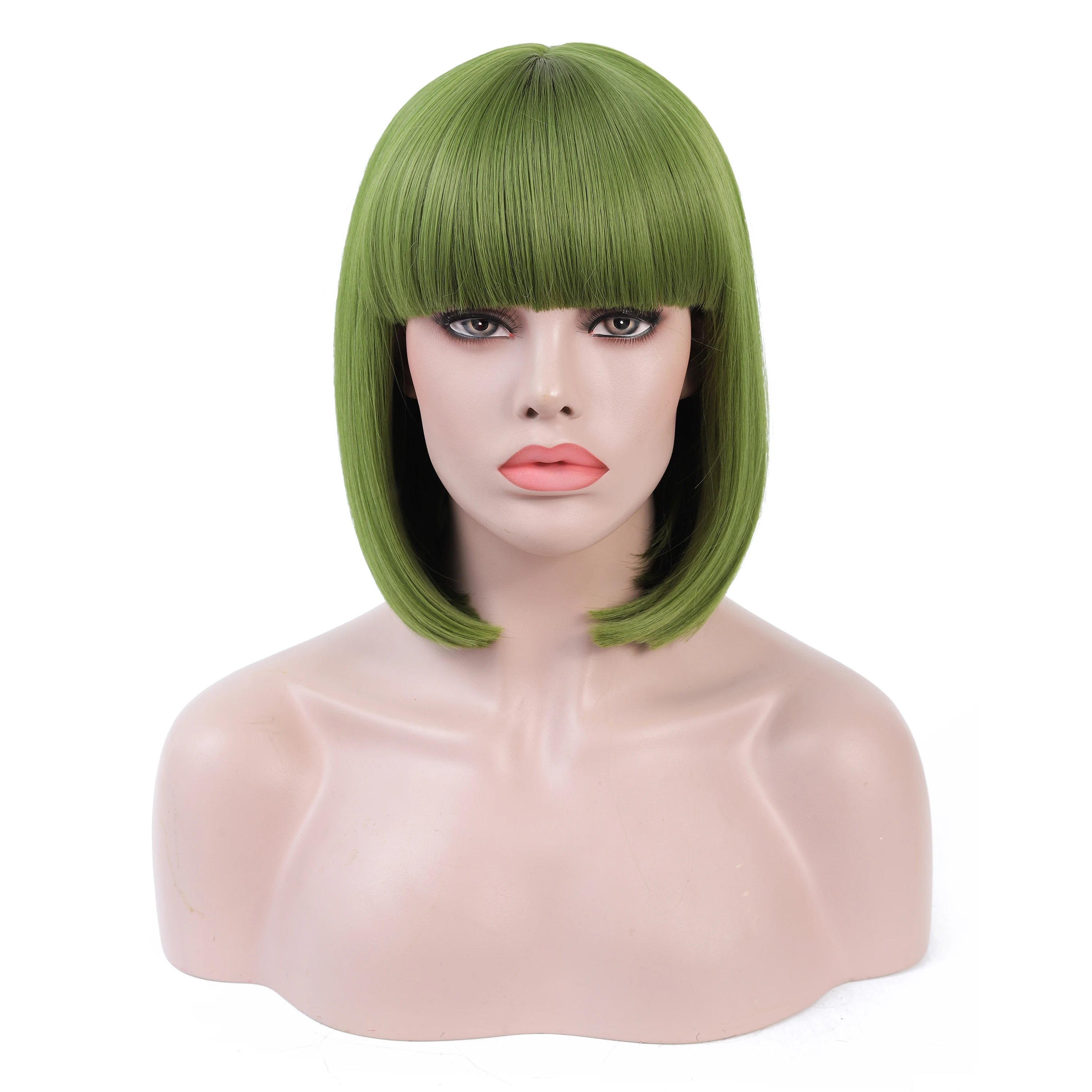 

LANYI 13 Inch Short Bob Wig with Bangs Synthetic Grass Green Wig For Women Daily Use Cosplay Wig lolita Halloween Heat Resistant