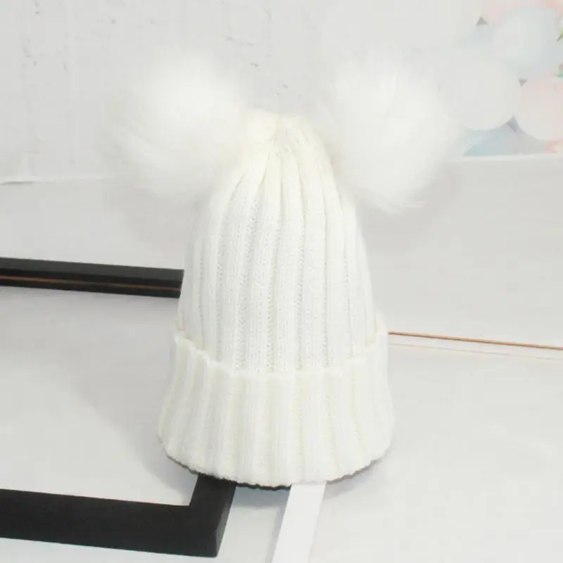 Зимняя теплая шапка с двумя плюшевыми шариками для женщин и девочек, осенняя вязаная шапка с толстыми шапочками H3CD