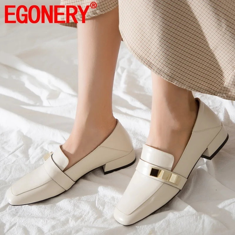 

EGONERY autumn new fashion women pumps outside low heels square toe metal decoration genuine leather women shoes drop shipping