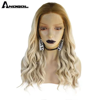 

Anogol Brand High Temperature Fiber Hair Wigs Ombre Brown Light Blond Water Wave Synthetic Lace Front Wigs for Women Daily Use