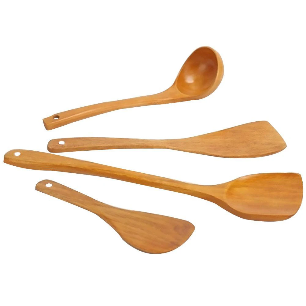 

4PCS Wooden Spoon Bamboo Kitchen Cooking for Frying Steaming Brewing Cooking Tools Soup Teaspoon Catering Non-stick Spatula Soup