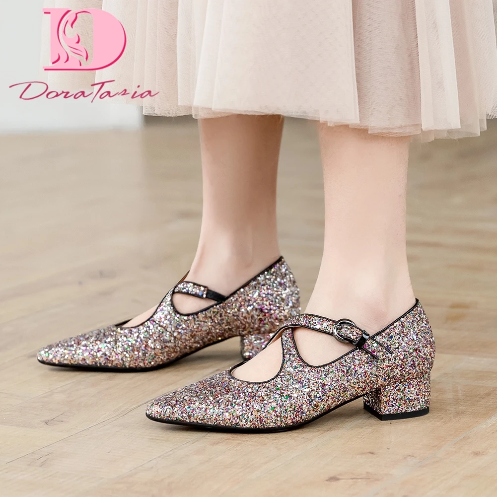 

Doratasia New Fashion 2020 Sequined Cloth Spring Autumn Pumps Woman Shoes Buckle Strap Bling Party Pumps Women Shoes Footwear