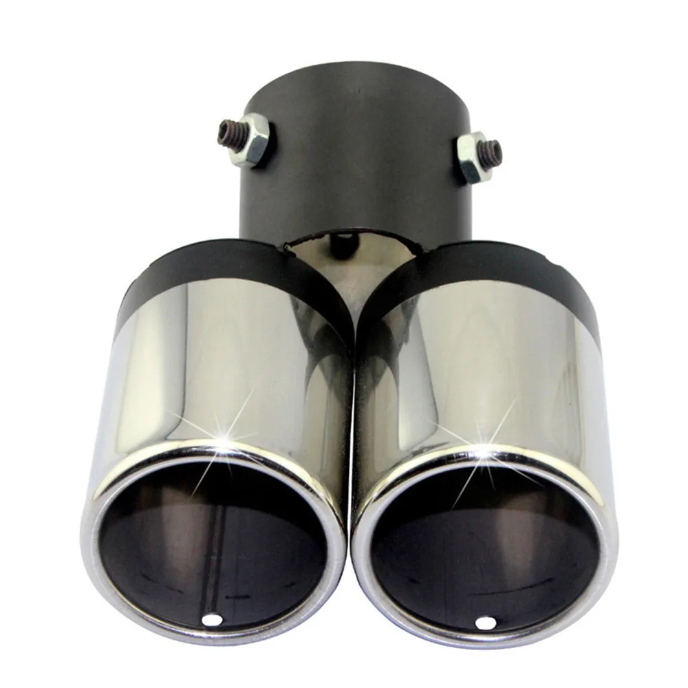

Car Round Bent Exhaust Muffler Tip Stainless Steel Exhause 1 to 2 Dual Pipe Chrome Trim Modified Rear Tail Throat Liner