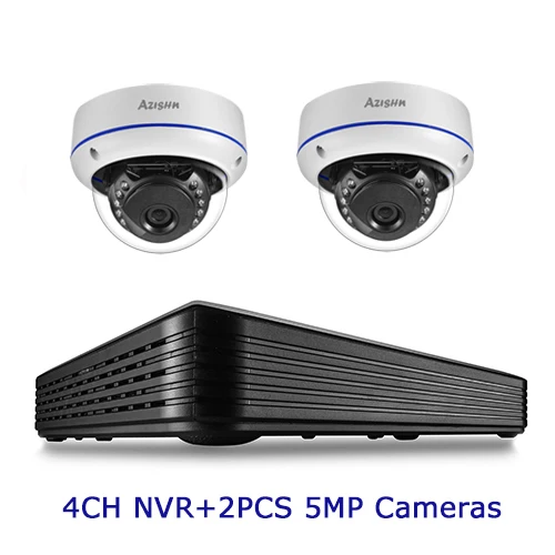 AZISHN H.265 4CH 5MP POE Security NVR Kit 2592X1944 Face Detect Audio IP66 Vandalproof DOME IP Camera CCTV Video Recorder Set security cameras for your home Surveillance Items