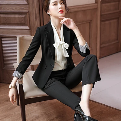 Black Pant Suit Профессиональный женский брючный костюм Женская мода интервью бизнес длинный рукав Блейзер и брюки Офисная Женская рабочая одежда комплект - Цвет: Black Pant Suit