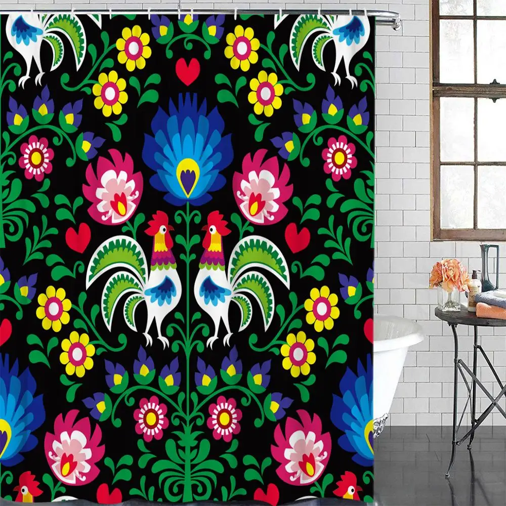 Тканевая занавеска для душа с красочными животными польский фольклорный узор