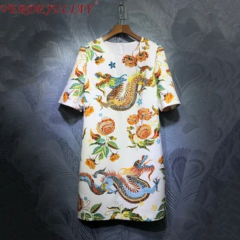 

VERDEJULIAY 2020 Spring Runway Design Vintage Style Straight Dresses Women Luxury Beading Dragon Embroidery Floral Mini Dress