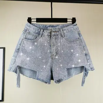 

2020 summer new Korean loose wide leg beggar shorts heavy industry full drill high waist denim shorts female hot shorts a1343