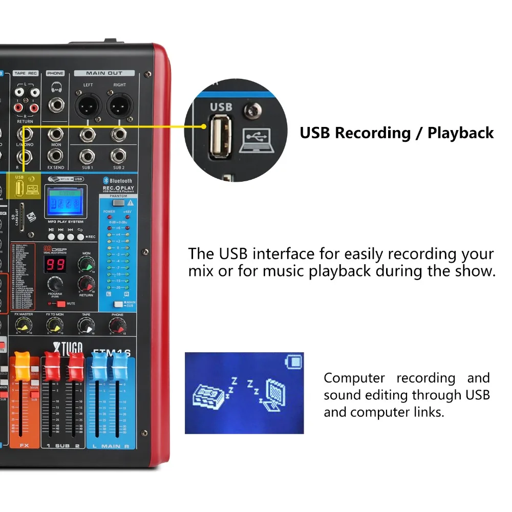 XTUGA FTM16 16-канальный профессиональный звуковой микшер звук встроенные 99-bit DSP цифровой эффект с цифровым Дисплей MP3 Распознавание отпечатков пальцев, Bluetooth, USB