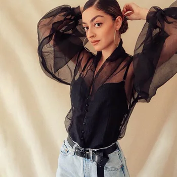 

Women's Lace Mesh Long Puff Sleeve Shirt Tops V-Neck Black White Buttons Female Shirts 2020 Spring Summer Fashion Blouse Lady