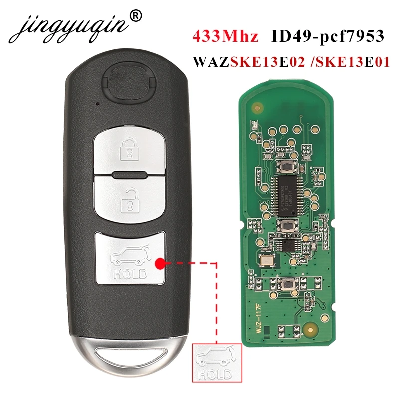 

jingyuqin Smart Remote Car Key Fob 3 4 Buttons 433MHz 49 Chip for Mazda (Mitsubishi System) 6 3 MX-5 CX-4 CX-5 CX-7 SKE13E-01