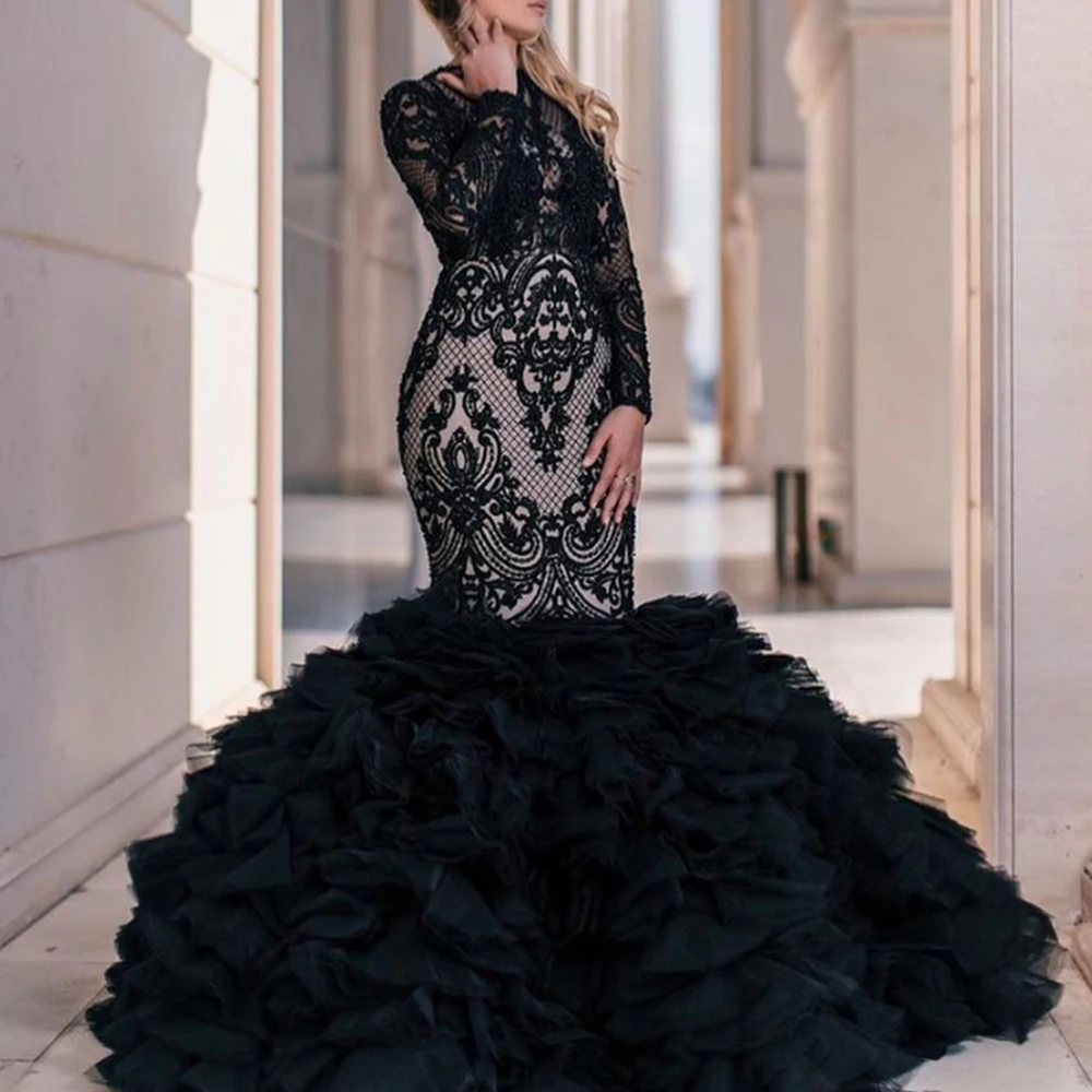 Черные платья для выпускного, кружевные вечерние платья с рюшами, широкий длинный рукав, вечернее арабское вечернее платье