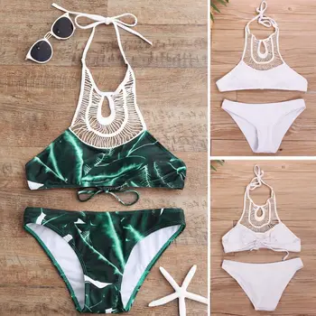 

Hollow Out Bikini Set Sexy Swimwear High Neck Beach Wear Wowen Bathing Suit Halter Low Waist Swimsuit White Green Pure Color