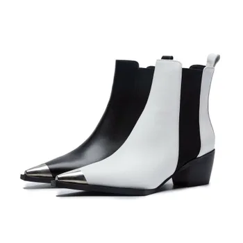 

2020 autumn and winter models PU leather personalized metal decorative pointed toe comfortable mid heel boots