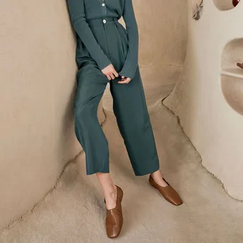 

100% Silk Women's Casual Pants Female High Waist Knee-length Soft Trousers