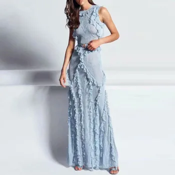 

Summer Elegant Ruffles Lace Chiffon Patchwork Long Party Dress 2020 O-neck Sleeveless Runway Designer Dresses Women Pink/Blue