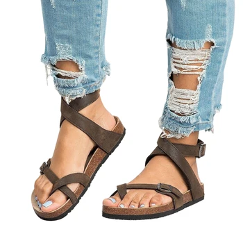 

Summer Women Sandals Fashion Buckle Ankle Flat Flip Flop Casual Beach Solid Leather Sandals Ladies Size 35-43