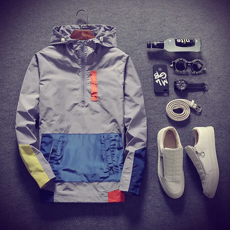 Popular Hooded Jackets Men New Patchwork Color Block Pullover Jacket Fashion Tracksuit Coat Men Hip Hop Streetwear Jacket Men