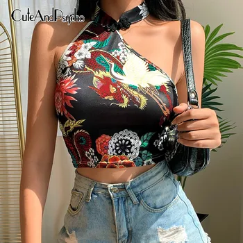 

Chinese Style Hanging Neck Tank Top for Fashion Women Sleeveless Cropped Top Floral Printed 90s Top Tee Streetwear Cuteandpsycho