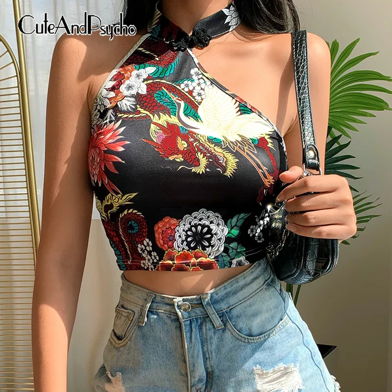 Cuteandpsycho Camiseta mangas con cuello de estilo chino para mujer, Top corto sin con estampado Floral de años 90, ropa de calle|Tank Tops| - AliExpress