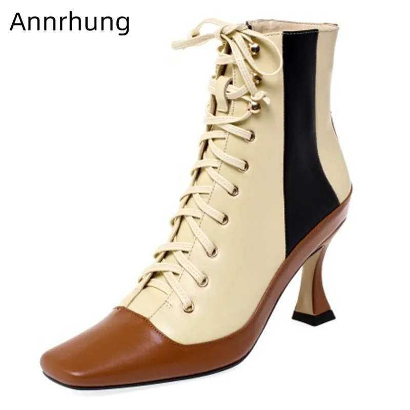 

Retro Mixed Color Martin Boots Cross Tied Square Toe Botas Mujer Leisure Genuine Leather High Heels Lace Up Ankle Boots Women