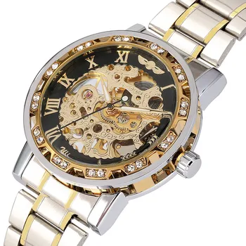 

Gold/Silver Stainless Steel Mechanical Men Watch Hand-Winding Hollow Steel Skeleton Round Dial Roman Numerals Display Mens Watch