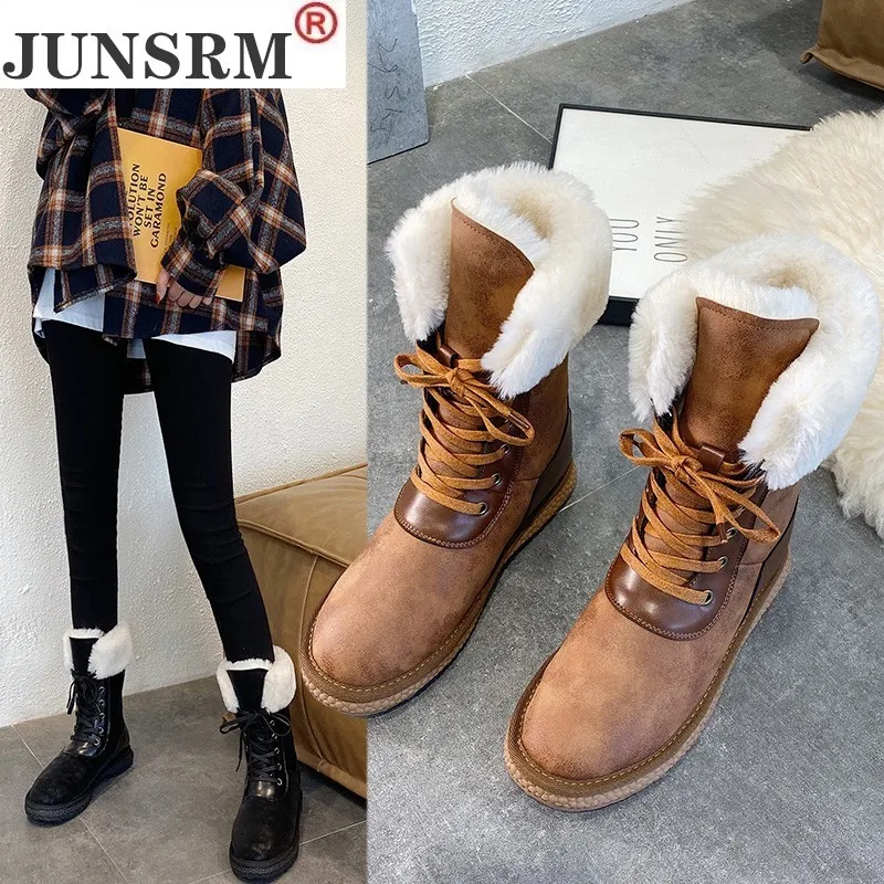

JUNSRM Winter Boots Women Mid Calf Shoes for Women Winter Velvet Fur Warm Winter Snow Boots Lady Casual Shoes Black